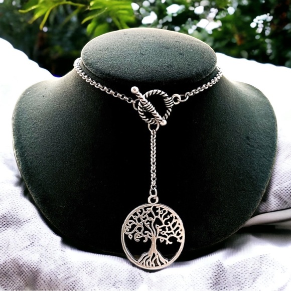 Y shape lariat necklace twisted cable round toggle clasp & tree if life charm - Picture 4 of 10